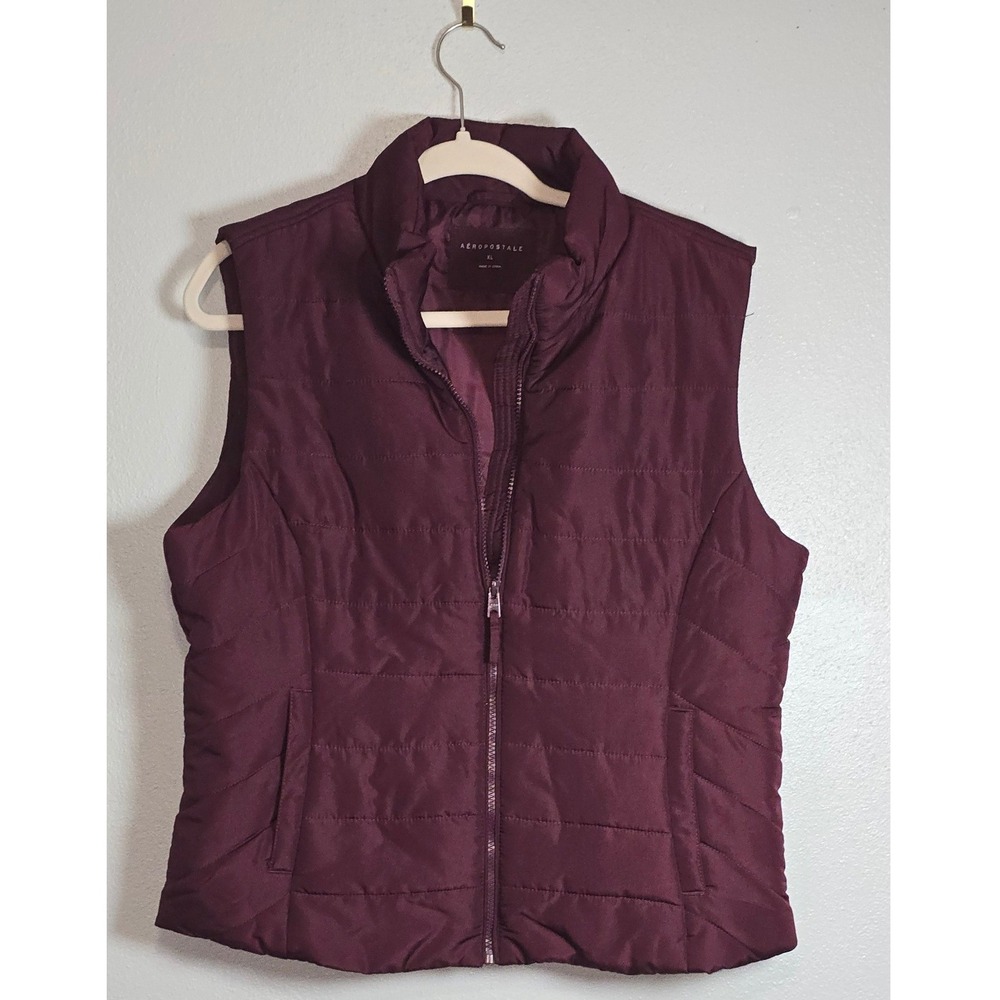 Aeropostale Womens XL Burgundy Quilted Puffer Vest Full Zip Mock Neck Maroon